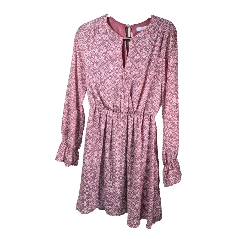 Lush Short Sleeve V-Neck Mini Dress Rose Print Pink Size Medium Elastic Waist